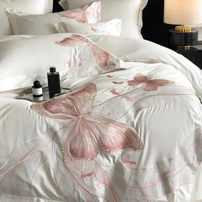 Decobites White Luxury Butterfly Embroidery Bedding Set - Queen King Size