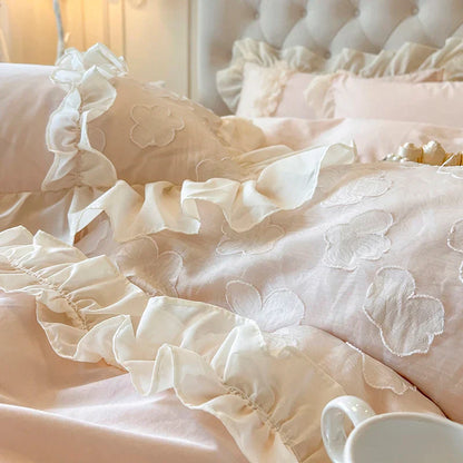 Decobites Princess Flowers Lace Ruffles Bedding Set: 100% Cotton Duvet Cover, Fitted Sheet, Bed Sheet, Pillowcases