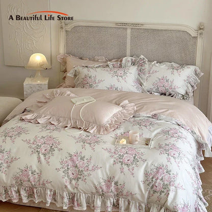 Decobites French Rose Lace Ruffles Bedding Set - 1000TC Egyptian Cotton Luxe Vintage