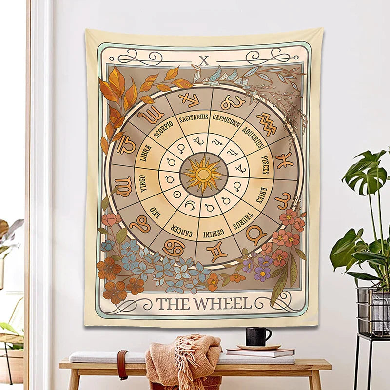 Decobites Wheel of Fortune Tarot Tapestry: Zodiac Astrology Celestial Wall Hanging Art