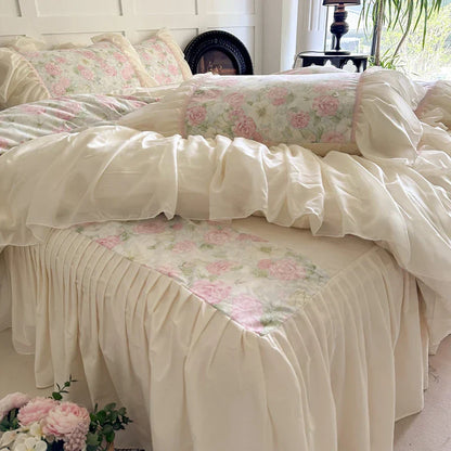 Decobites French Lace Ruffles Vintage Bedding Set in 100% Cotton, Single Queen King Size