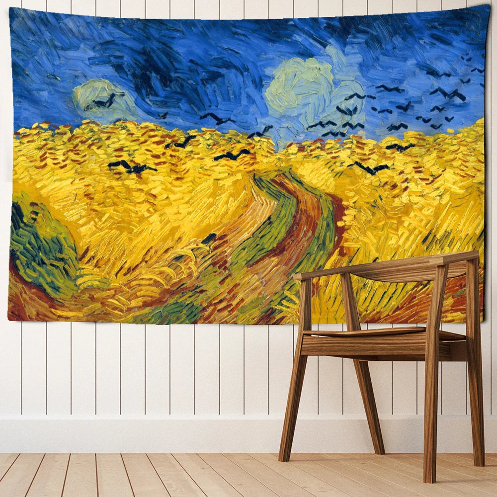 Decobites Golden Field Oil Painting Tapestry Wall Hanging - Retro Hippie Art Decor