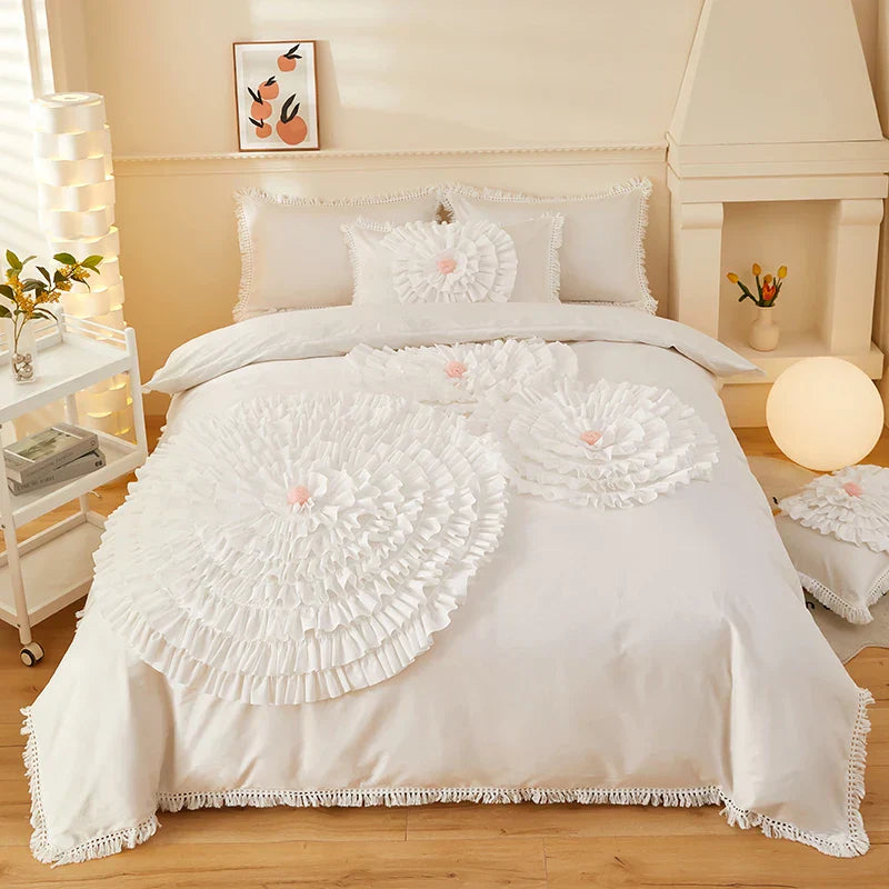 DecorBites™ Brushed Cotton Flower Embroidery Bedding Set with Stereoscopic Handwork