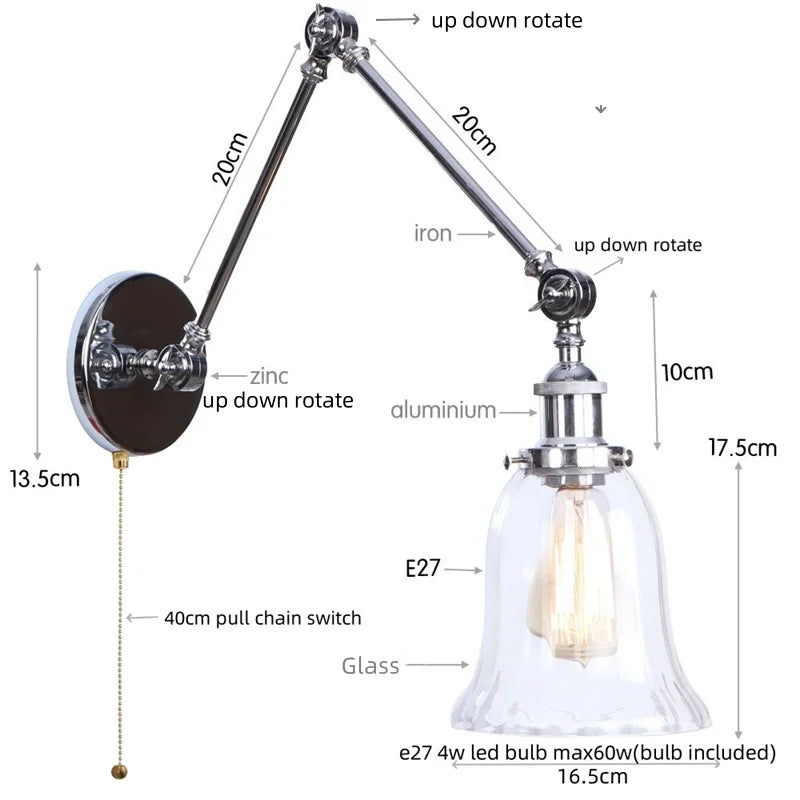 DecorBites™ Chrome Industrial LED Wall Sconce Swing Arm Clear Glass Lamp