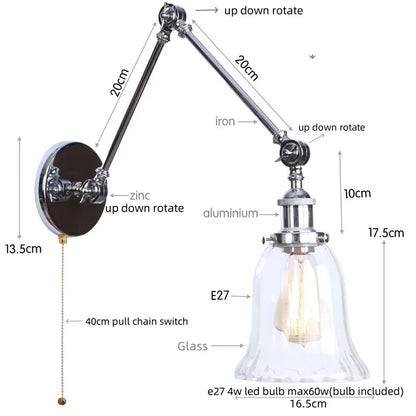 DecorBites™ Chrome Industrial LED Wall Sconce Swing Arm Clear Glass Lamp