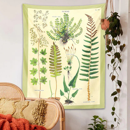 Decobites Ferns Tapestry: Botanical Floral Illustration Chart Wall Art - Boho Decor