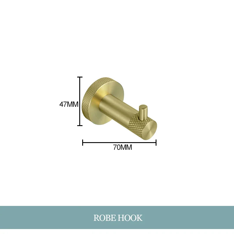 Conjunto de Hardware Decorbites™ Gold: Barra de Toallas, Soporte para Papel Higiénico, Gancho para Batas, Colgador de Tazas