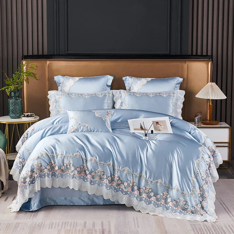 DecorBites™ Lace Silk Cotton Luxury French Wedding Bedding Set for Chic Princess Bedrooms