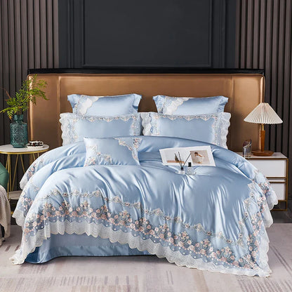 DecorBites™ Lace Silk Cotton Luxury French Wedding Bedding Set for Chic Princess Bedrooms