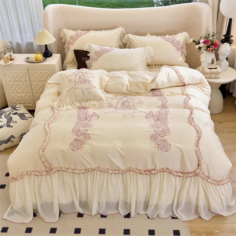 Decobites Vintage Rose Butterfly Lace Ruffles Princess Bedding Set: 100S Egyptian Cotton