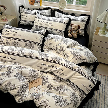 DecorBites™ Korean Black White Hepburn Style Bedding Set with Lace Fitted Sheet Set