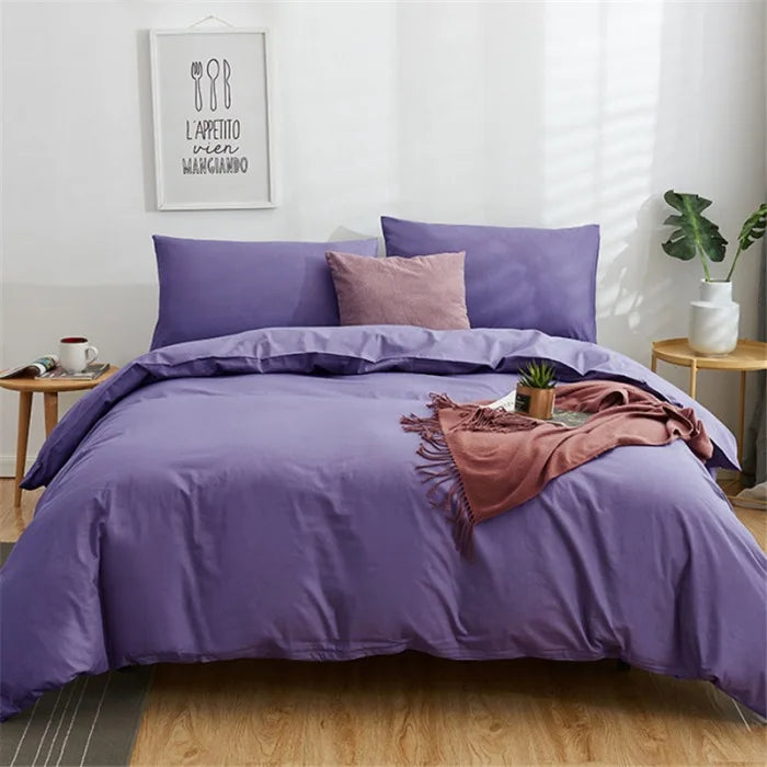 DecorBites™ Cotton 4pcs Bedding Set Double Queen Solid Color Duvet Cover Flat Bed Sheet