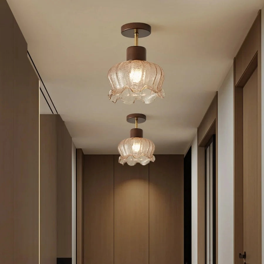 DecorBites™ Amber Glass Wood LED Ceiling Light Fixture for Modern Living Room.