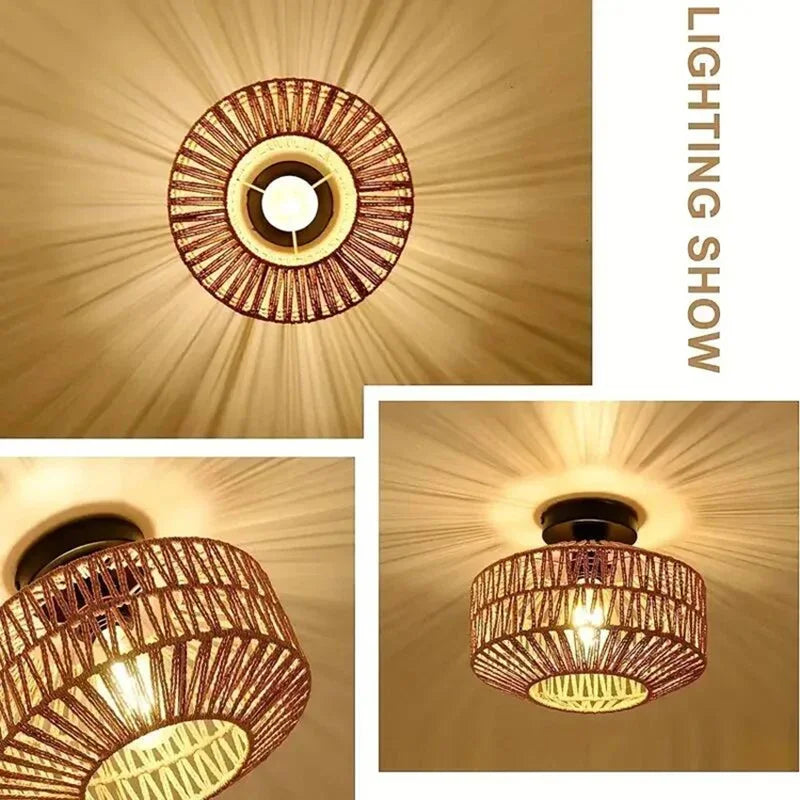 Natural Bamboo Ceiling Chandelier Hanging Lamp Handmade Rattan Fixture Weaving Home Living Room Decor Ceiling Pendant Light