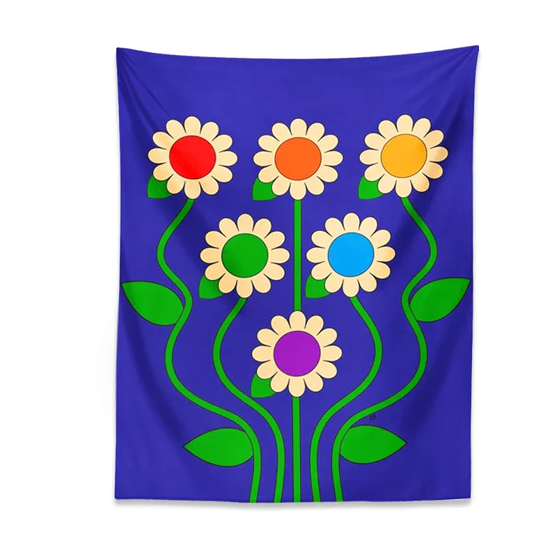 Decobites Blue Vintage Daisy Tapestry Wall Hanging Psychedelic Floral Home Decor Art