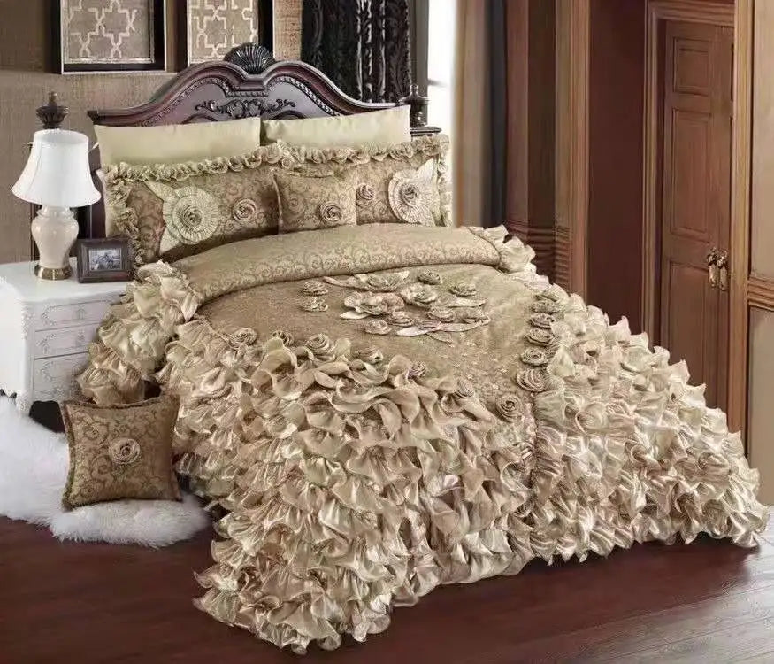 Decobites Luxe Champagne Jacquard Lace Bedspread Set with Pillowcases