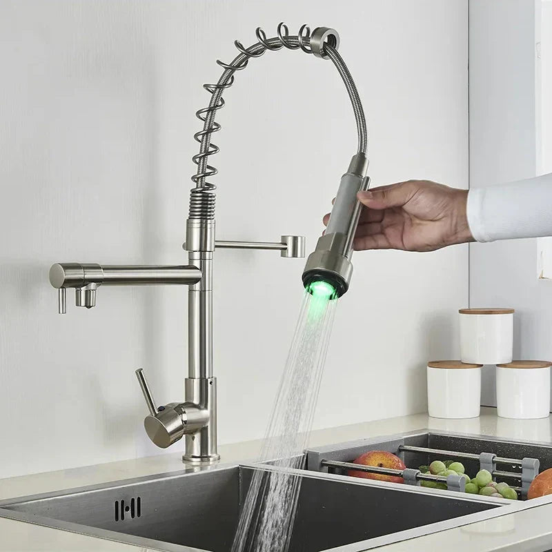DecorBites™ LED Brushed Kitchen Faucet with Pull-Down Spring, Single Handle Swivel Spout