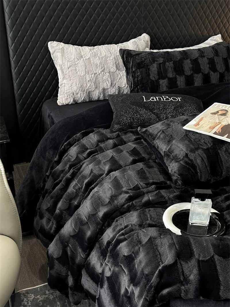 Juego de cama DecorBites™ Cozy de imitación de piel de conejo en negro y gris: edredón, sábanas y fundas de almohada