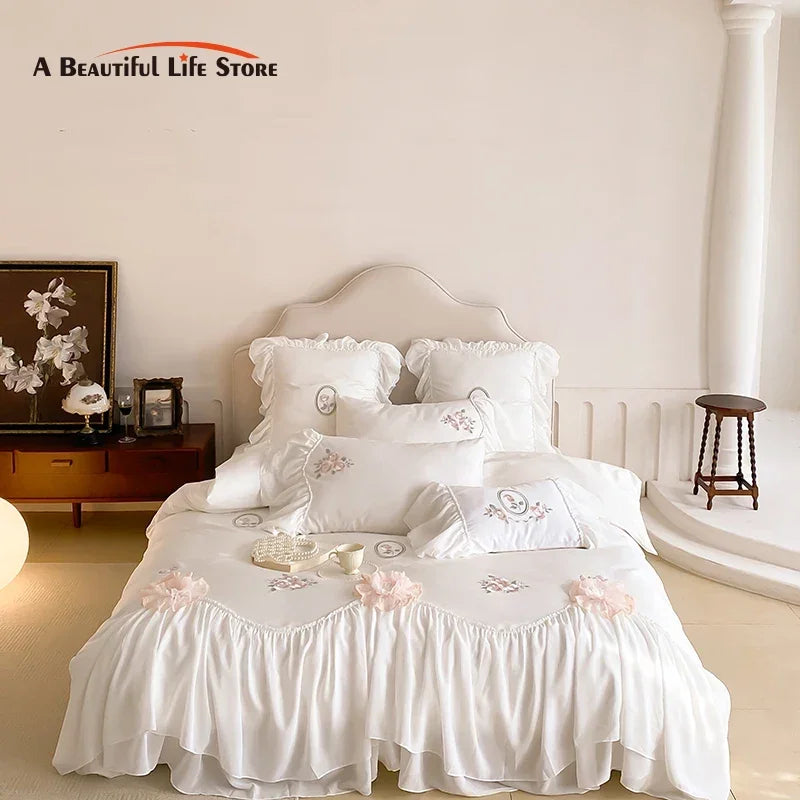 DecorBites™ Lace Ruffles Flowers Embroidery 4Pc Egyptian Cotton Bedding Set