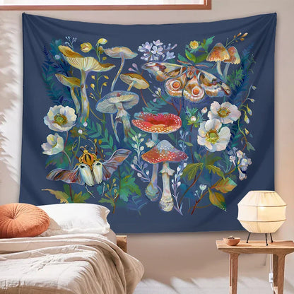 Decobites Mushroom Moth Garden Tapestry: Boho Psychedelic Wall Hanging for Botanical Bedroom Decor