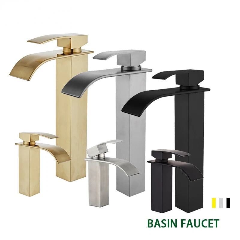 Brushed Gold Tall Bathroom Sink Faucet Waterfall Bathroom Faucet for Vessel Sinks Single Handle Bathroom Vanity Faucet