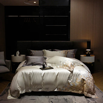 طقم مفروشات سرير فاخرة مطرزة من ديكوربايتس™، مكون من 4 قطع، باللون الأبيض اللؤلؤي/الرمادي، من قماش الساتان والقطن المزخرف