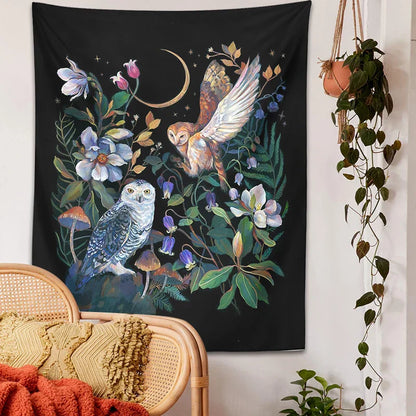 Decobites Owls Night Garden Tapestry Wall Hanging - Psychedelic Moon Magic Plant Flower Tapestries