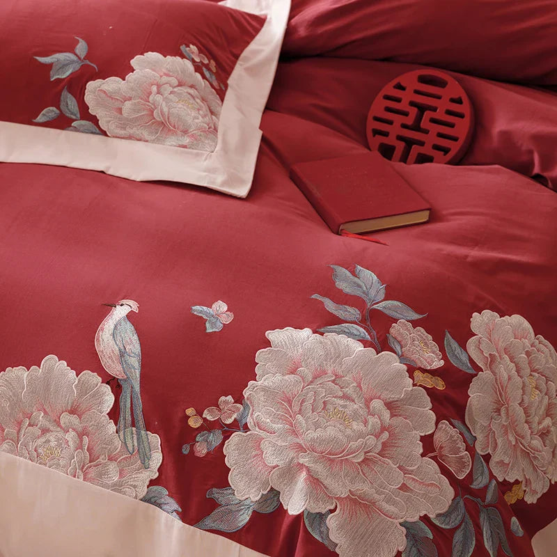 Decobites Luxury Chinese Flowers Embroidery Wedding Bedding Set Pillowcases