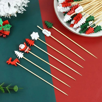 50/100Pcs Christmas Buffet Fruit Food Skewer Cocktail Picks Cupcake Topper 2024 Christmas Party Decor Supplies New Year 2025