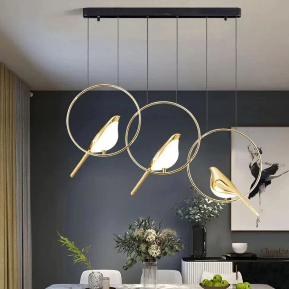DecorBites™ Gold Magpie Bird Ceiling Chandelier | Modern LED Ring Light for Dining Room & Decor