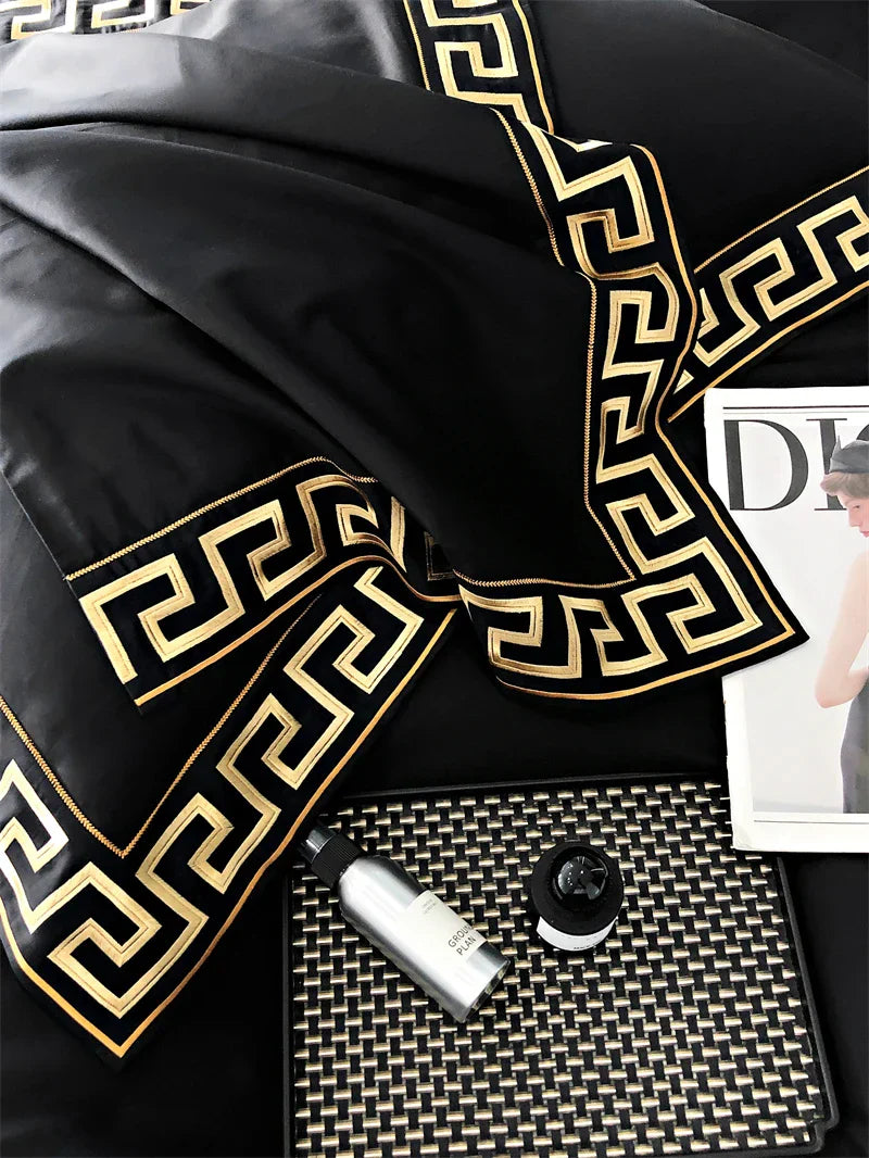 DecorBites™ Gold Embroidery Duvet Set, Black Egyptian Cotton Bedding, 1000TC, Double King Queen