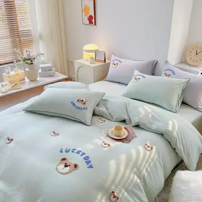 Decobites Cute Bear & Sheep Embroidery Bedding Set for Single/Double Bed