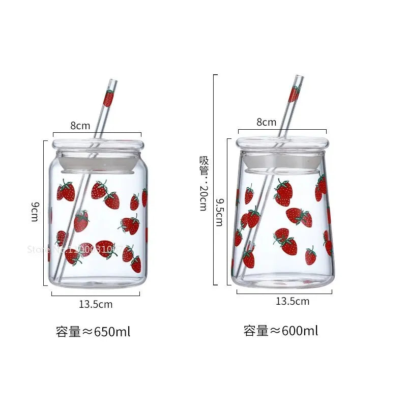 DecorBites™ Glass Cup Set with Lip Straws for Cold Drinks, Handmade, 600ml Strawberry Flavor