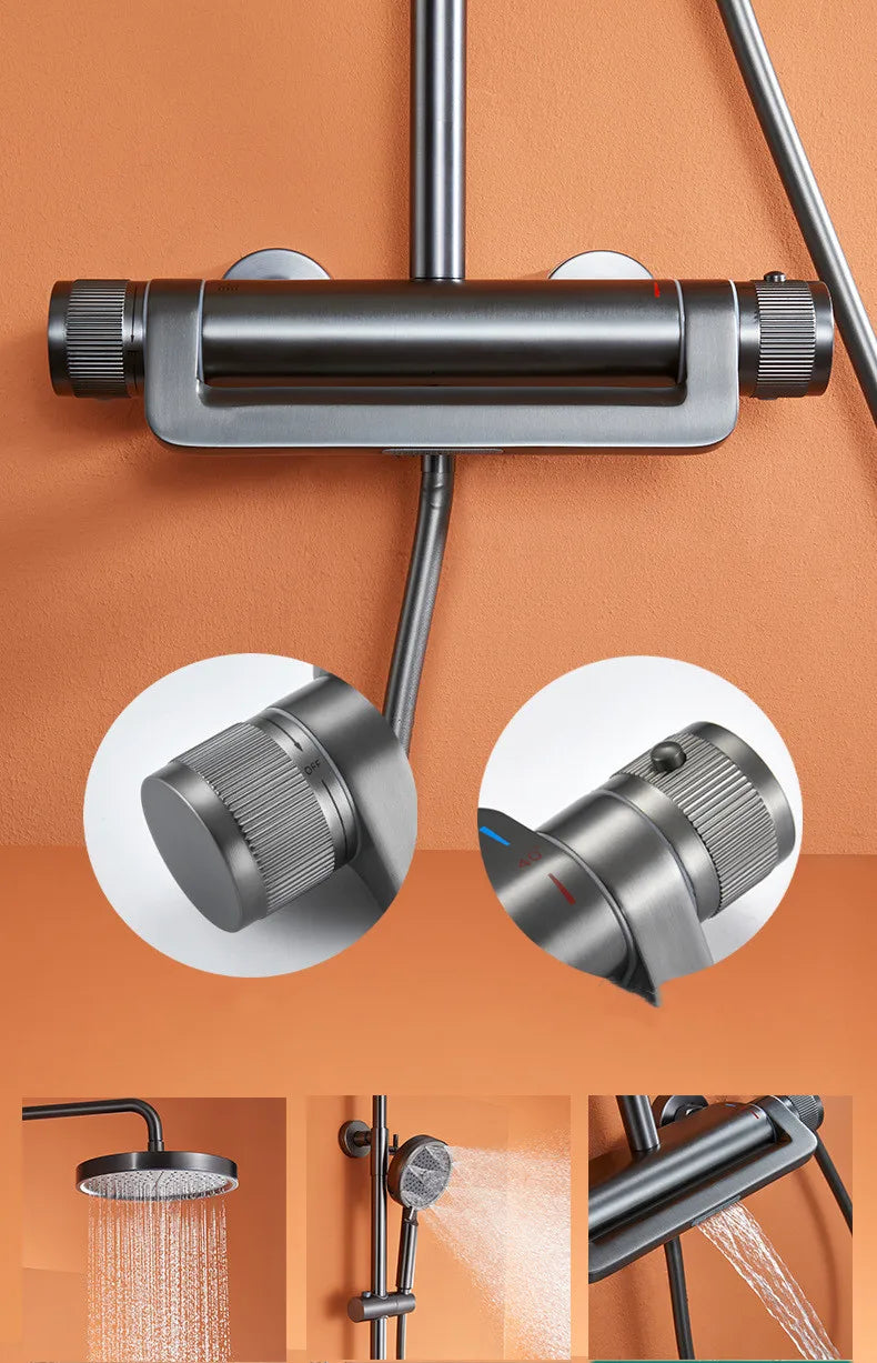 DecorBites™ Gray Thermostatic Shower Faucet Set: Brass Rainfall Waterfall Bath and Shower