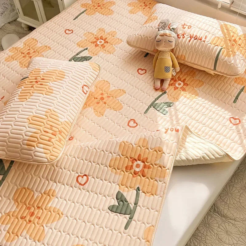 DecorBites™ Cartoon Print Silky Mattress Set: 4-Layer Quilted Breathable Cushion