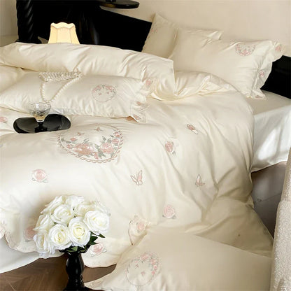 Decobites Rose Butterfly Embroidery Curved Edge Bedding Set: Duvet Cover, Sheet Set, Pillowcases