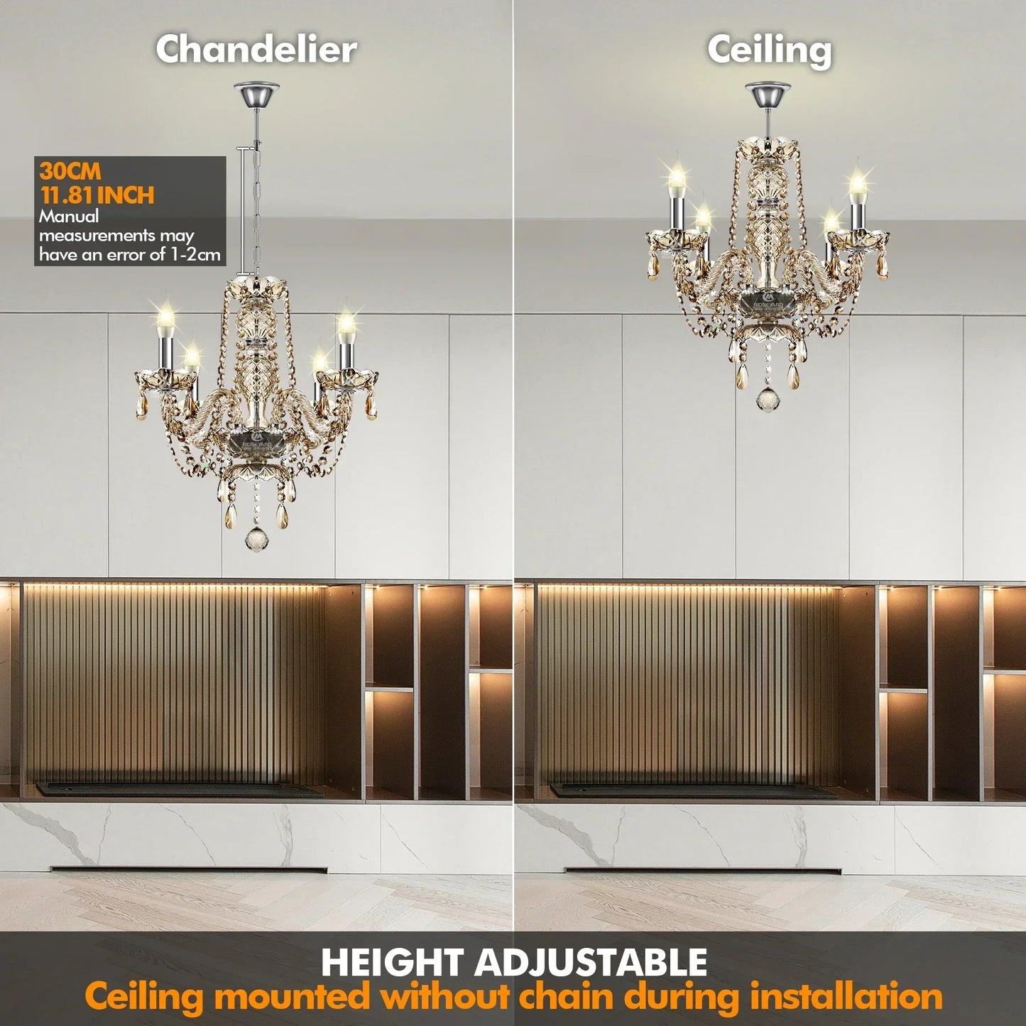 DecorBites™ Crystal Chandelier Pendant Light Cognac Gold LED Luxury Lamp for Dining Living Room