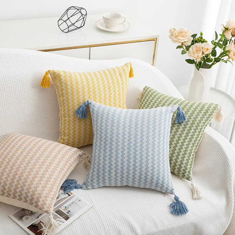 DecorBites™ Jacquard Woven Cushion Cover with Tassels - Modern Minimalist Striped Design