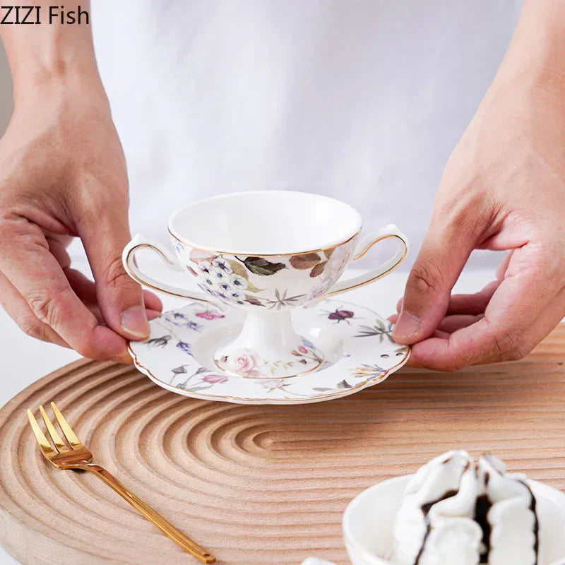 Decorbites™ Copa de Porcelana con Flor Dorada para Té, Café, Jugo o Mug