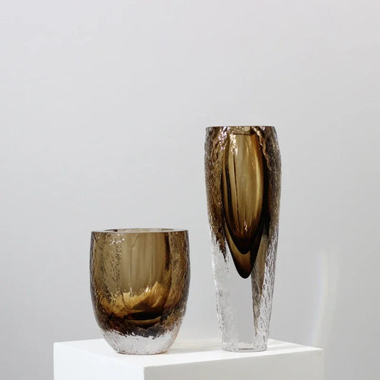 DecorBites™ Brown Glazed Glass Vase Hammer Cut Decorative Handicraft Flower Arrangement Ornaments
