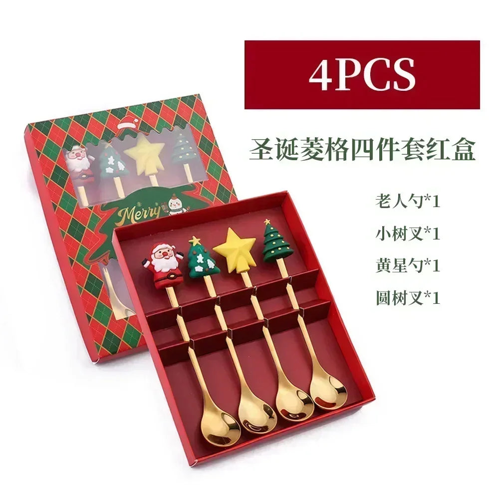 4pcs Christmas Elk Head Shape Stainless Coffee Spoon New Year 2024 Christmas Decoration Table Decor for Home Navidad 2023 Gifts