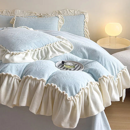 Decobites Princess Velvet Fleece Ruffles Winter Bedding Set - Plush Coral Velvet Duvet Cover & Sheet