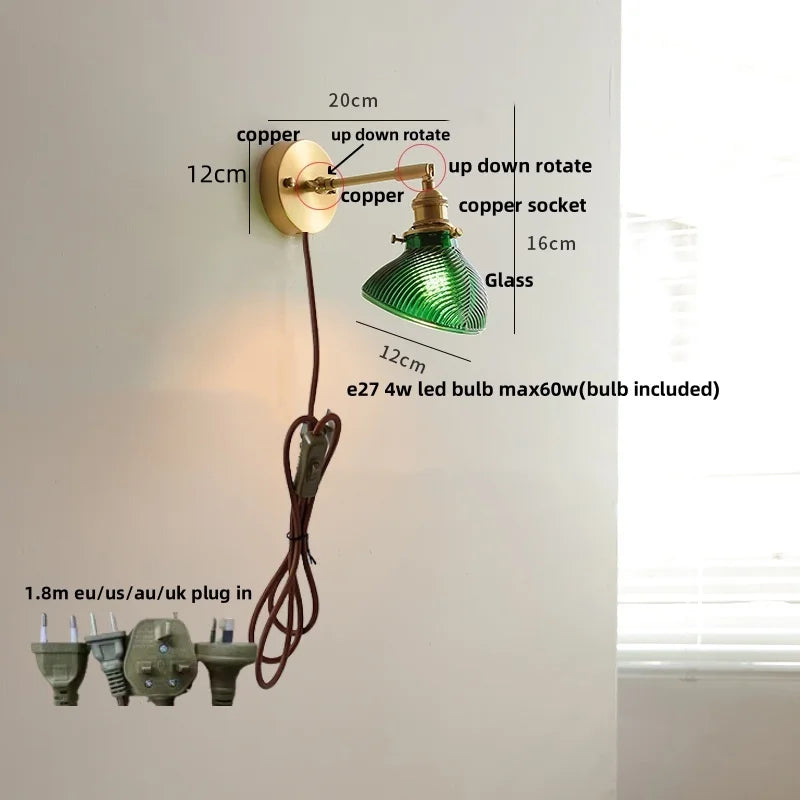 Decorbites™ Grünes Loft LED Wandlicht: Vintage Nachttischlampe, Oben Unten Drehbares Glas, Zugkettenschalter