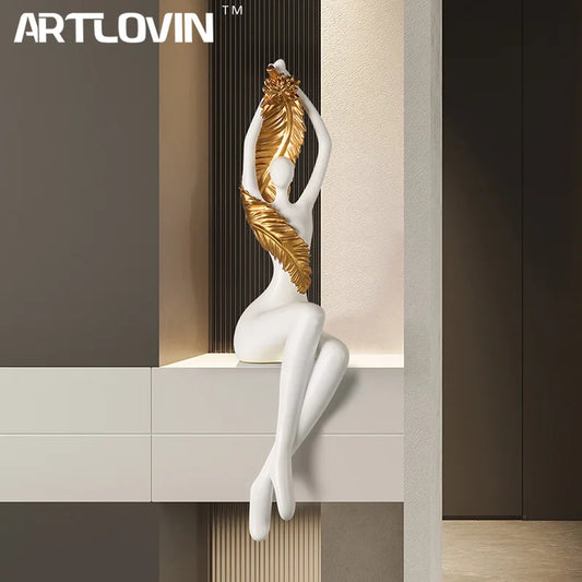 DecorBites™ Large Nude Feathered Body Sculpture | Modern Abstract Sitting Figurine Statues