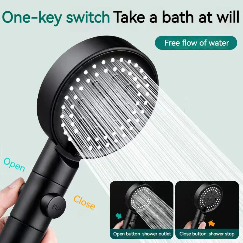 DecorBites™ Black Round High Pressure Shower Head with 6 Modes & Water Stop Knobs