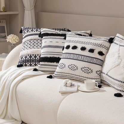 DecorBites™ Boho Tufted Fringed Black White Geometry Printed 45x45cm Pillowcase
