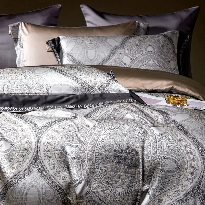 Decobites Vintage Luxury Jacquard Egyptian Cotton Bedding Set with Duvet, Sheet and Pillowcase