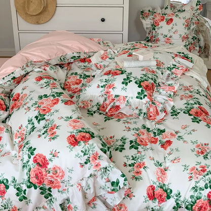 Decobites French Vintage Rose Print Bedding Set with Lace Ruffles and Linen Details