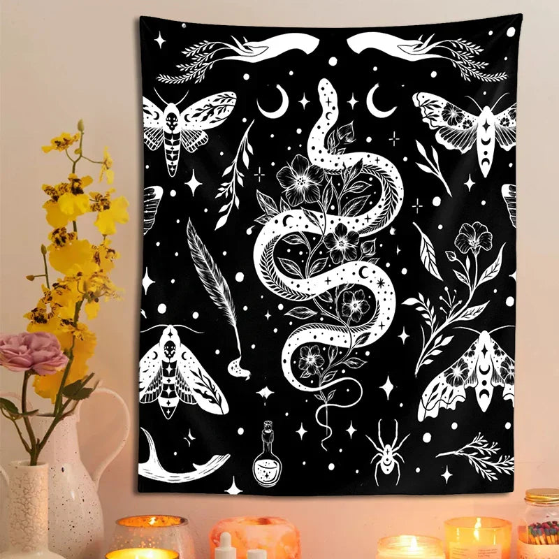 Decobites Moth Snake Psychedelic Tapestry Wall Hanging for Boho Home Decor