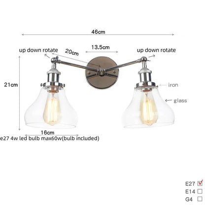 ديكوربايتس™ مصابيح حائط LED ثنائية الرأس مصنوعة من الحديد والزجاج لإضاءة درج غرفة النوم